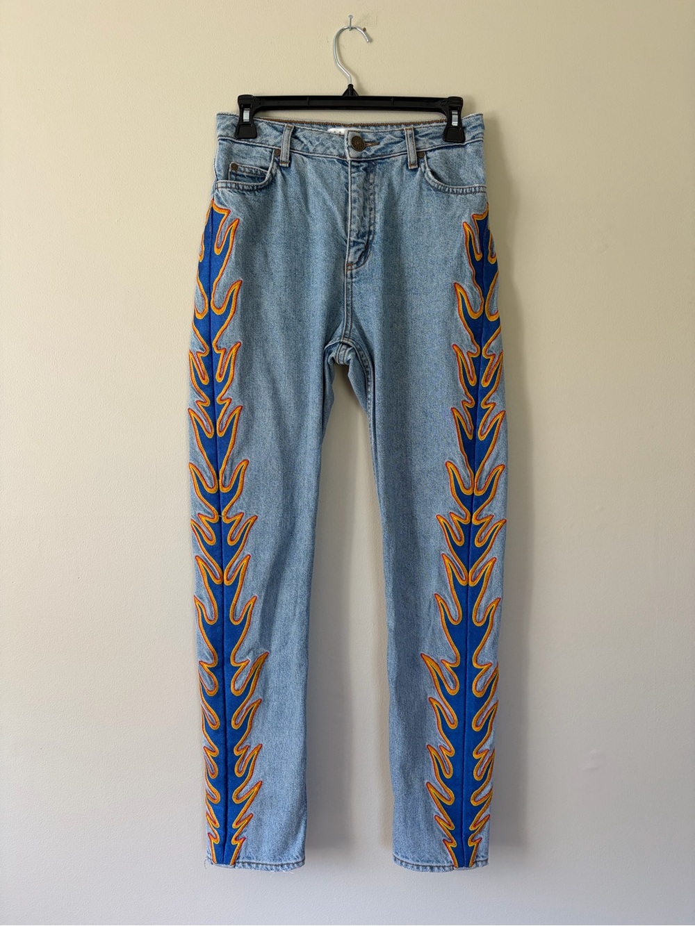 Sandro Light Blue Skinny Jeans with Blue and Orange Flame Trim